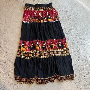 Cotton Women’s M Black Tiered Midi Skirt Elephant Print Boho Festival